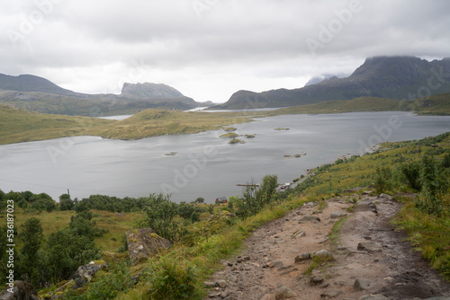landscape view of the fiords in Lofoten, Norway in a cloudy day