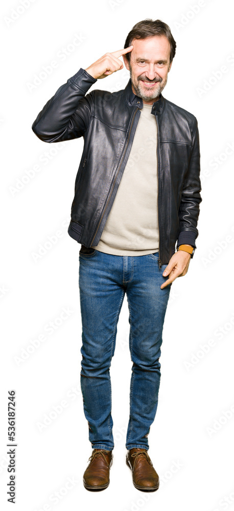 Middle age handsome man wearing black leather jacket Smiling pointing to head with one finger, great idea or thought, good memory Middle age handsome man wearing black leather jacket Smiling pointing to head with one finger, great idea or thought, good memory