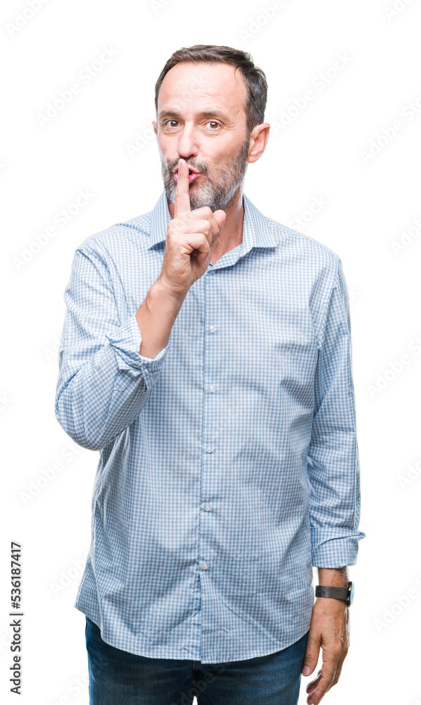Middle age hoary senior business man over isolated background asking to be quiet with finger on lips. Silence and secret concept. Middle age hoary senior business man over isolated background asking to be quiet with finger on lips. Silence and secret concept.