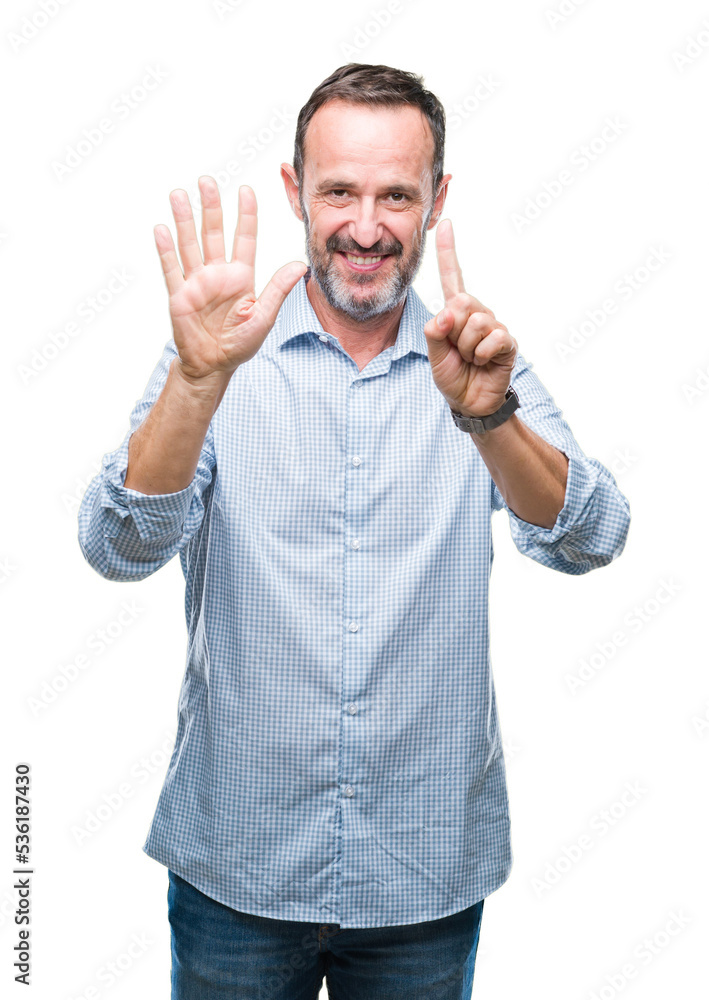 Middle age hoary senior business man over isolated background showing and pointing up with fingers number six while smiling confident and happy. Middle age hoary senior business man over isolated background showing and pointing up with fingers number six while smiling confident and happy.