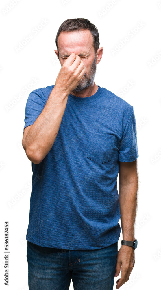 Middle age hoary senior man over isolated background tired rubbing nose and eyes feeling fatigue and headache. Stress and frustration concept. Middle age hoary senior man over isolated background tired rubbing nose and eyes feeling fatigue and headache. Stress and frustration concept.