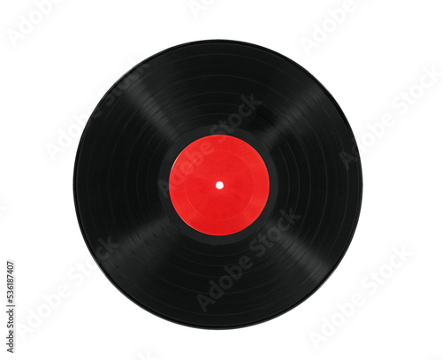 Vintage vinyl record with blank red label isolated.