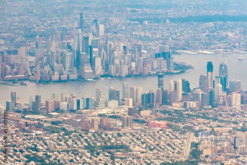 Aerial view of Lower Manhattan, Jersey City, and the Hudson River