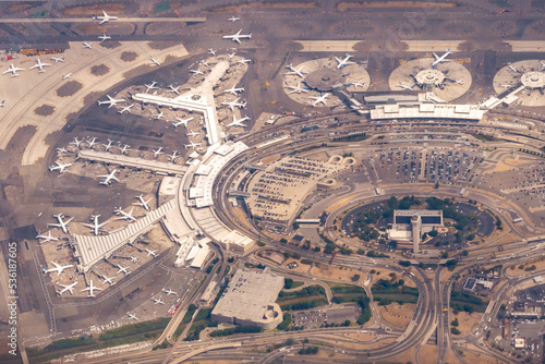 Aerial view of Newark liberty Airport showing planes and different terminals