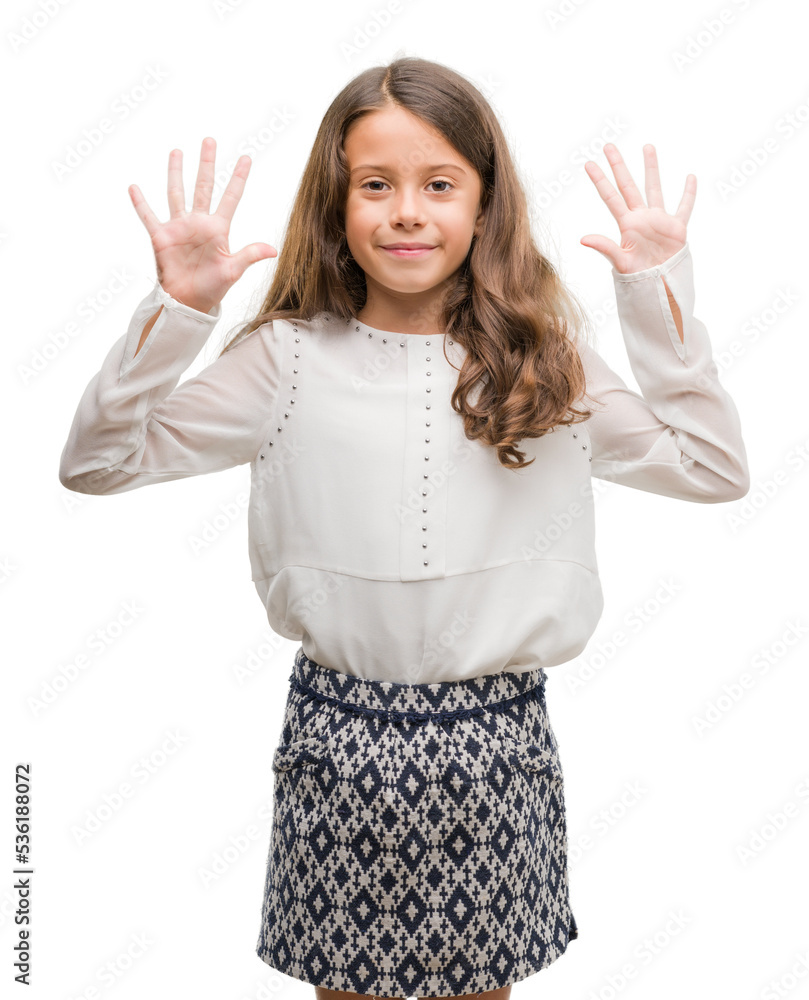 Brunette hispanic girl showing and pointing up with fingers number ten while smiling confident and happy. Brunette hispanic girl showing and pointing up with fingers number ten while smiling confident and happy.