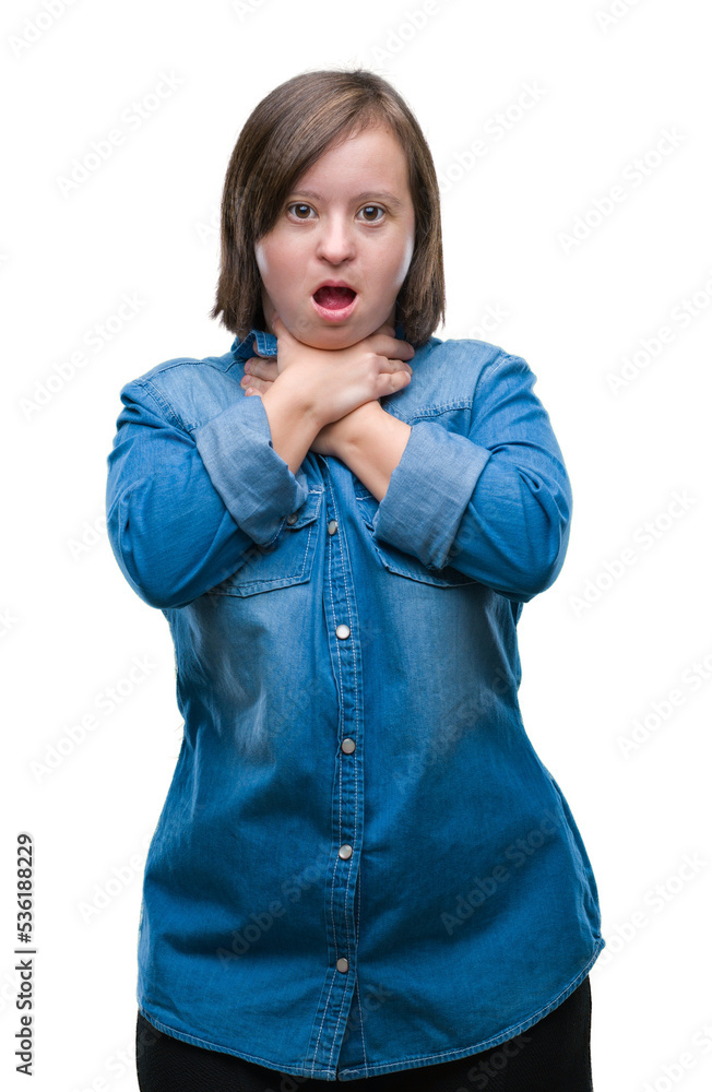 Young adult woman with down syndrome over isolated background shouting and suffocate because painful strangle. Health problem. Asphyxiate and suicide concept. Young adult woman with down syndrome over isolated background shouting and suffocate because painful strangle. Health problem. Asphyxiate and suicide concept.