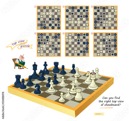 Logic puzzle game for children and adults. Can you find the right top view of chessboard? 3D maze. Page for brain teaser book. Developing spatial thinking. IQ test. Play online. Vector illustration.