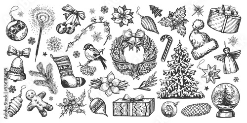 Christmas concept. Design elements hand drawn in sketch vintage style. Holiday decorations engraving vector illustration