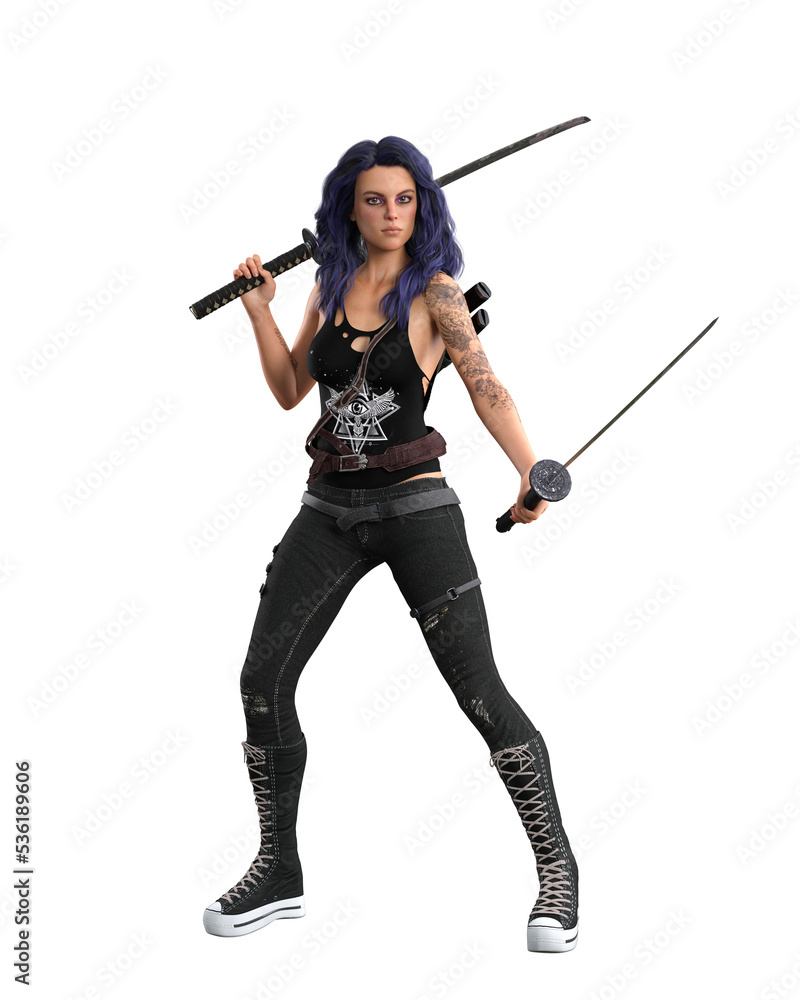 Beautiful urban fantasy woman with purple hair and black goth style outfit posomg with a sword in each hand. 3D illustration isolated. Beautiful urban fantasy woman with purple hair and black goth style outfit posomg with a sword in each hand. 3D illustration isolated.