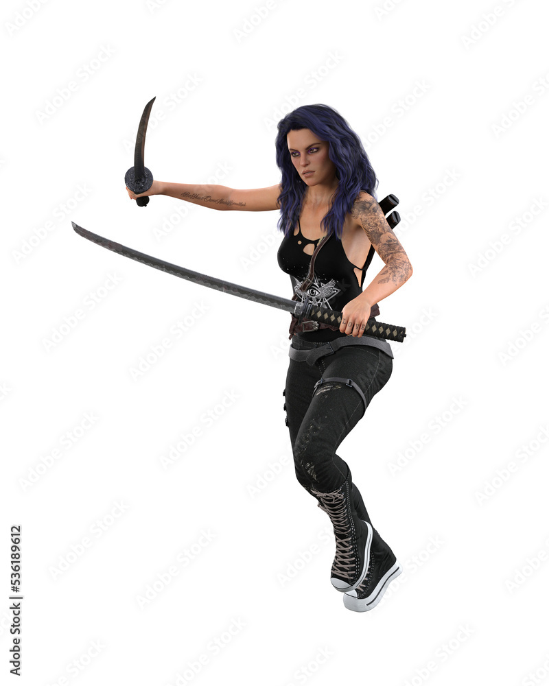 Young goth urban fantasy warrior woman fighting with two katana swords. 3D rendering isolated. Young goth urban fantasy warrior woman fighting with two katana swords. 3D rendering isolated.