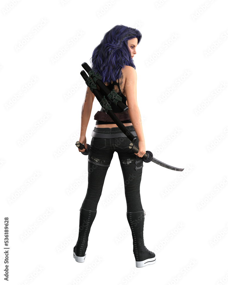 Young goth urban fantasy woman with purple hair standing facing away with swords in hands. 3D rendering isolated. Young goth urban fantasy woman with purple hair standing facing away with swords in hands. 3D rendering isolated.