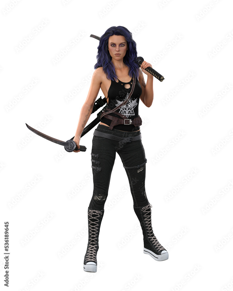 Beautiful goth girl standing in urban fantasy outfit with two swords and looking at camera. 3D illustration isolated. Beautiful goth girl standing in urban fantasy outfit with two swords and looking at camera. 3D illustration isolated.