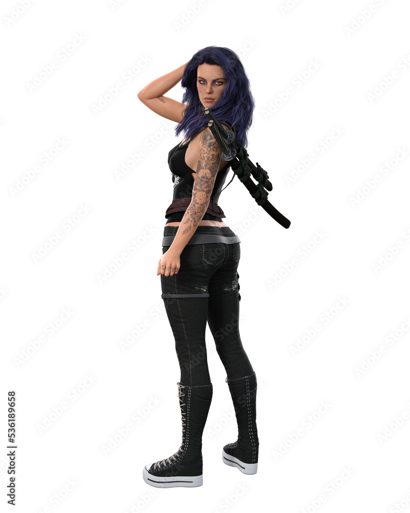 Gorgeous goth girl with tattoos and purple hair standing and looking back at the camera. 3D illustration isolated. Gorgeous goth girl with tattoos and purple hair standing and looking back at the camera. 3D illustration isolated.