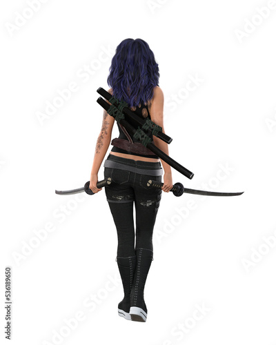 Urban fantasy woman with purple hair and tattoos wearing black goth outfit walking away with a sword in each hand. 3D rendering isolated. photo