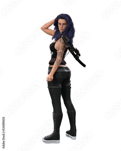 Gorgeous goth girl with tattoos and purple hair standing and looking back at the camera. 3D illustration isolated.