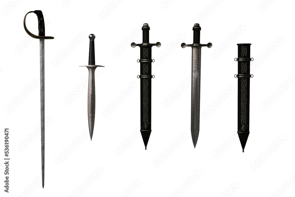 Various fantasy medieval swords isolated. 3D illustration. Various fantasy medieval swords isolated. 3D illustration.
