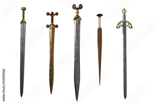 Photography Set of 5 medieval fantasy sword weapons isolated. 3D rendering.
