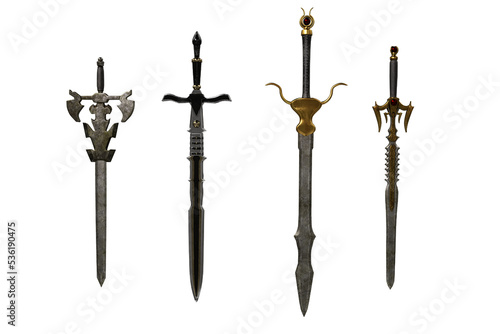 4 different medieval swords isolated on white. 3D illustration.