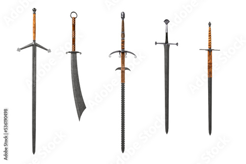 5 fantasy medieval swords. 3D rendering isolated on white.