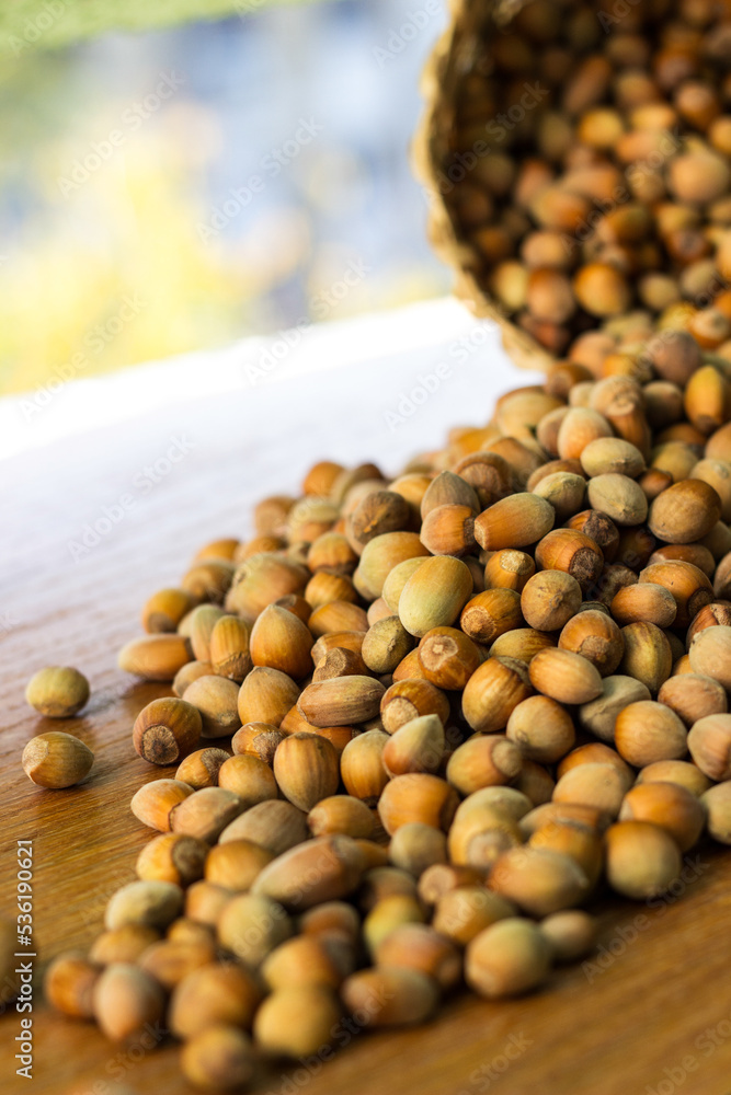 Hazelnuts in a wicker basket on old wooden table