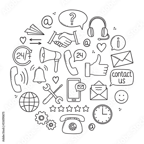 Hand drawn set of customer service doodle icons. Client support, call center in sketch style. Hotline symbols: Phone, clock, shaking hands, headphones. Vector illustration isolated on white background