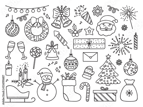 Hand drawn set of Christmas doodle icons. New year party in sketch style. Vector illustration isolated on white background