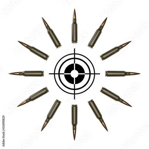 Cartridges are stacked around the target for shooting. Transparent background. 3D rendering