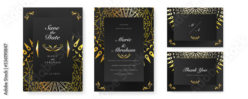Wedding invitation card with beautiful luxury gold mandala pattern. Elegant gold wedding invitation card template