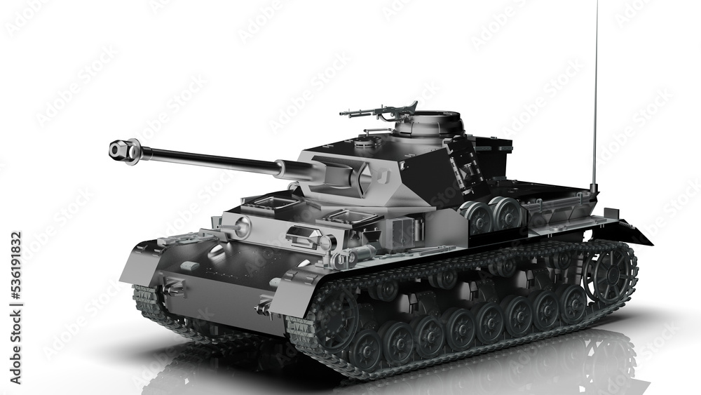 Metallic military silver painting tank on white-black lighting background. Concept 3D CG of power strength, dynamic strategy and strong system. PNG file format.