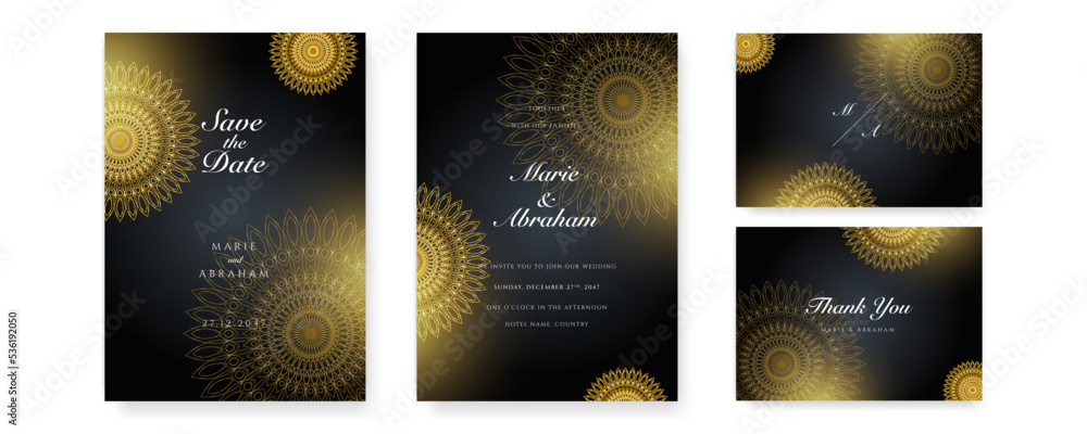 Royal white black gold wedding invitation card design with golden mandala and abstract pattern