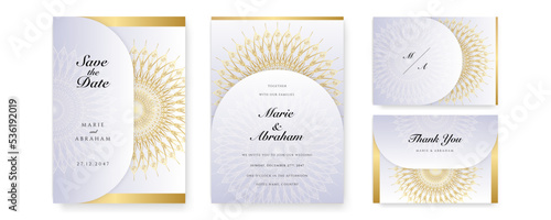 Royal white black gold wedding invitation card design with golden mandala and abstract pattern