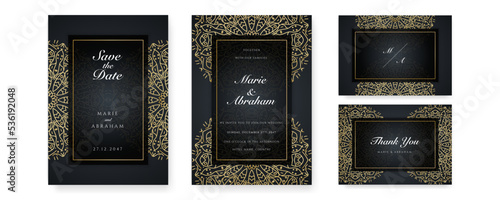 Royal white black gold wedding invitation card design with golden mandala and abstract pattern