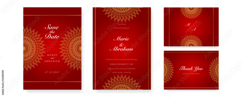 Naklejka premium Royal red wedding invitation card design with golden mandala and abstract pattern