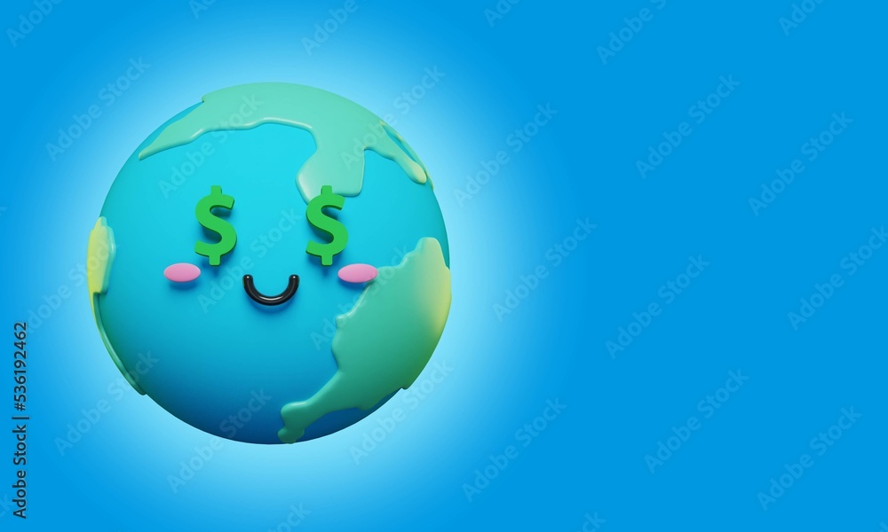 Fototapeta premium 3d rendering picture of cute and adorable cartoon Earth with smiling face and dollar eyes on copy space background.