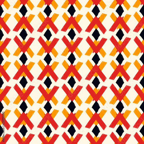 Paint brush rhombuses ornament. Seamless lozenges pattern. Hand drawn diamonds backdrop. Tiles wallpaper. Ethnic motif. Geometric background. Digital paper. Geometrical textile print.
