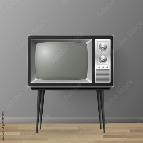 Vector 3d Realistic Retro TV Receiver on a Wooden Table Stand. Home Interior Design Concept. Vintage TV Set on the Wooden Floor. Television, Front View