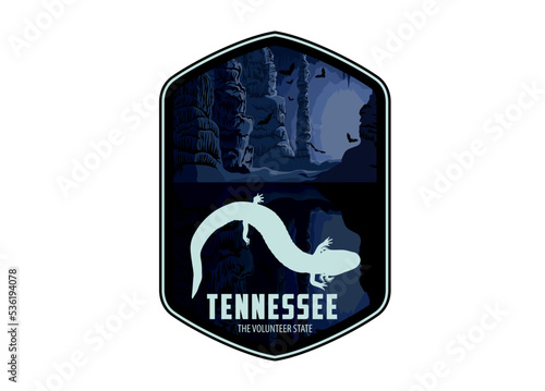 Tennessee vector label with cave salamander in the cave lake