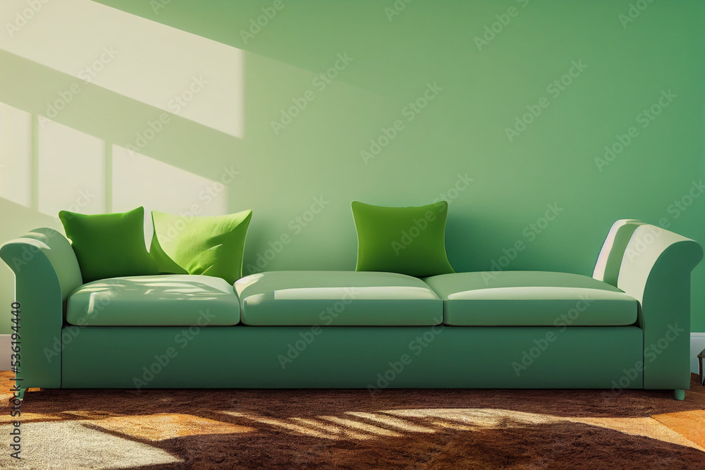 Bright living room interior in modern minimalist design style with green sofa, coffee table, floor lamp and houseplant on empty white wall background. 3D illustration from my own 3D rendering file. Bright living room interior in modern minimalist design style with green sofa, coffee table, floor lamp and houseplant on empty white wall background. 3D illustration from my own 3D rendering file.