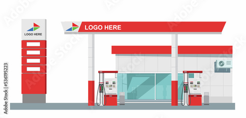 	 Icon petrol station store art modern element map road sign symbol logo famous identity city style shop urban 3d flat building street isolated red white background design vector template illustration photo