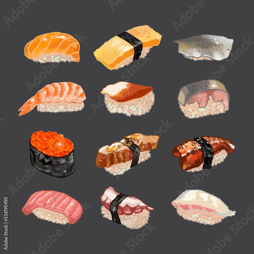 Set of Watercolor Sushi Vector Illustration