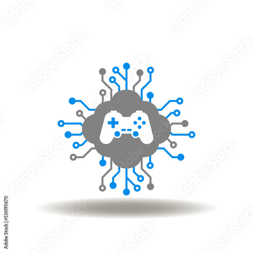 Vector illustration of cloud with circuit and game joystick. Icon of cloud gaming. Symbol of cloud computing metaverse online entertainment.