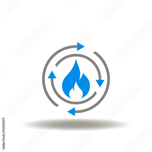 Vector illustration of fire flame with round arrows refresh process. Symbol of metabolism. Icon of firefighting.