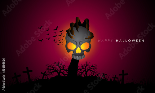 Happy halloween scary background ghost hand holding skull in cemetery.