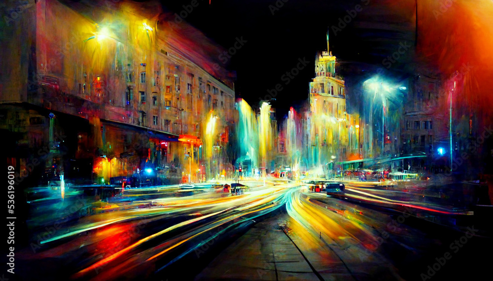 Fototapeta premium Night city colorful abstract illustration of carlights in timelapse