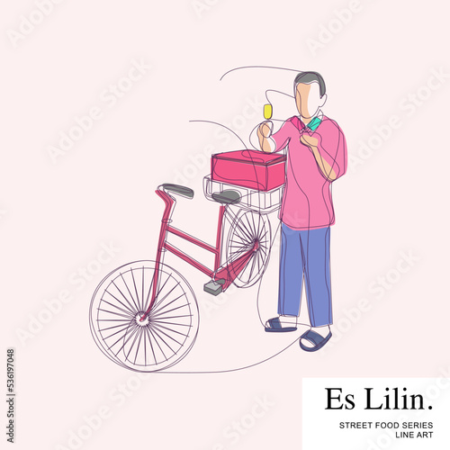 A man selling  Es Lilin on his bicycle, Indonesian Street Food Vendors Cartoon Line Art Vector Illustration Template