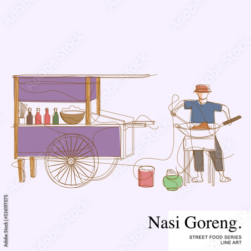 Nasi Goreng seller frying rice on his stove, Indonesian Street Food Vendors Cartoon Line Art Vector Illustration Template
