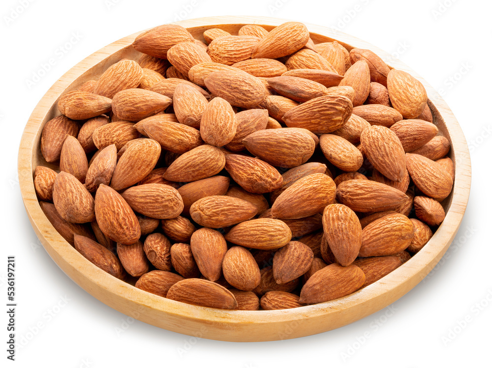 Roasted Delicious Almond on brown wooden table on white With work path, Almond in wooden plate isolated on white background. Roasted Delicious Almond on brown wooden table on white With work path, Almond in wooden plate isolated on white background.