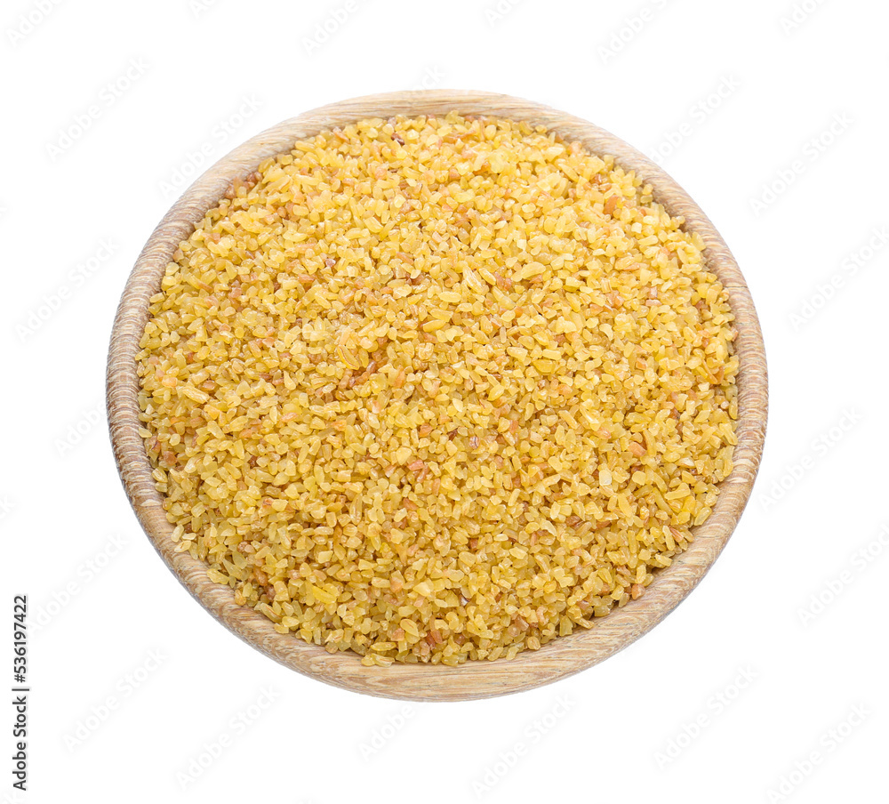Wooden bowl with uncooked bulgur isolated on white, top view Wooden bowl with uncooked bulgur isolated on white, top view