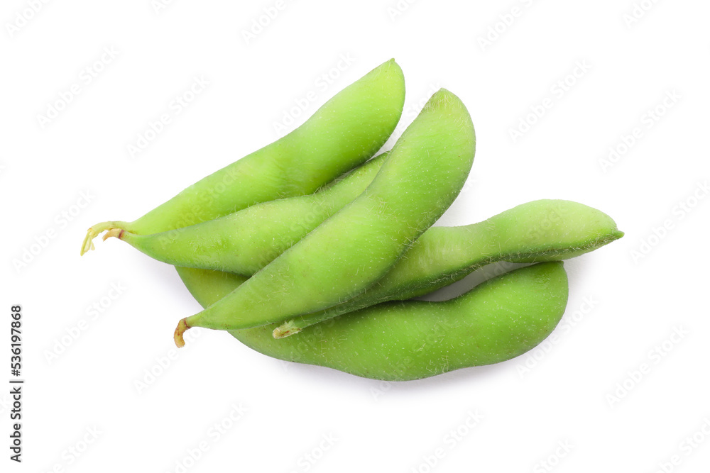 Raw green edamame pods on white background, top view Raw green edamame pods on white background, top view