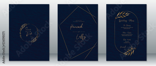 Wedding invitation card template luxury design of gold lines with leaf wreath frame and dark navy background